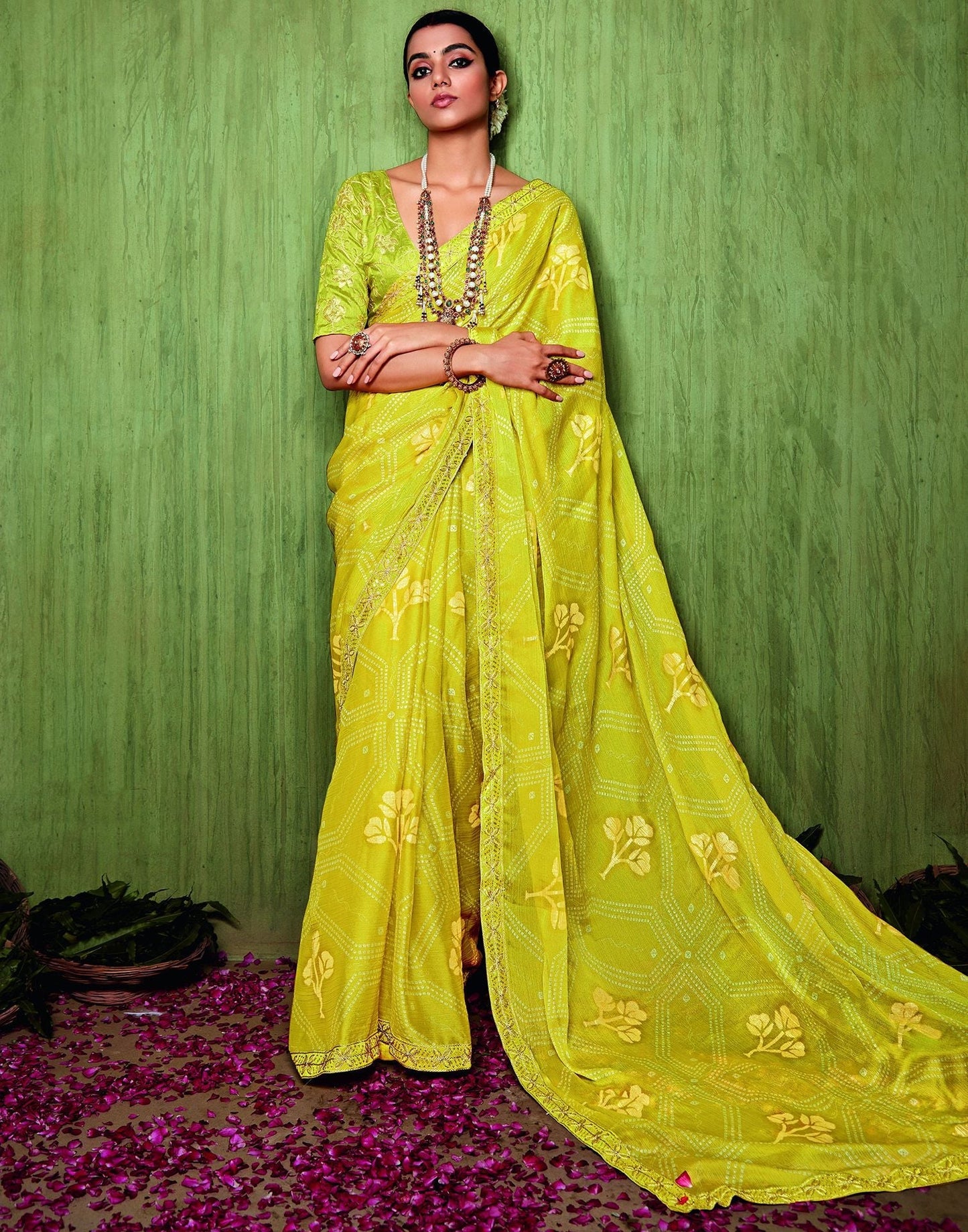 Parrot Green Chiffon Foil Printed Bandhani Saree | Leemboodi