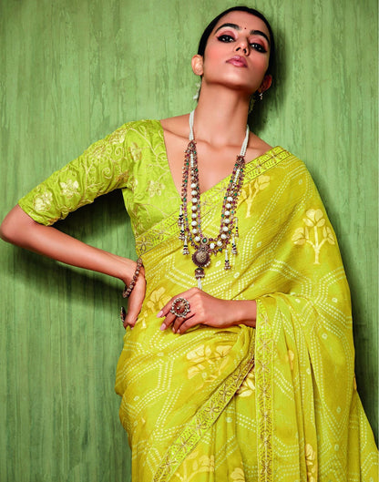 Parrot Green Chiffon Foil Printed Bandhani Saree | Leemboodi