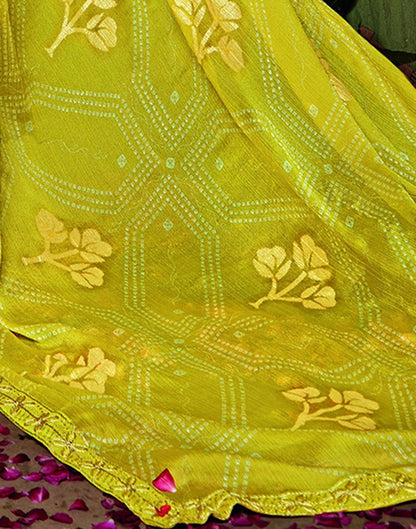 Parrot Green Chiffon Foil Printed Bandhani Saree | Leemboodi