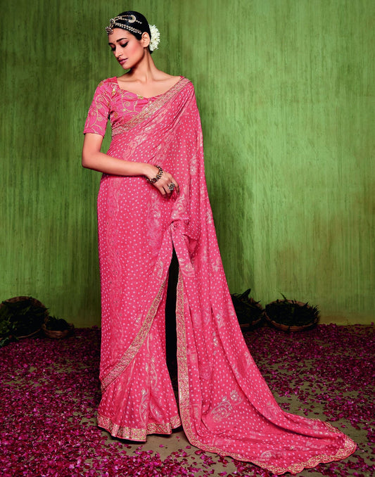 Pink Chiffon Foil Printed Bandhani Saree | Leemboodi
