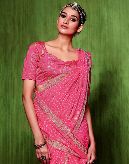 Pink Chiffon Foil Printed Bandhani Saree | Leemboodi