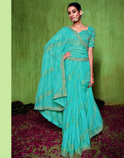 Turquoise Chiffon Foil Printed Bandhani Saree | Leemboodi