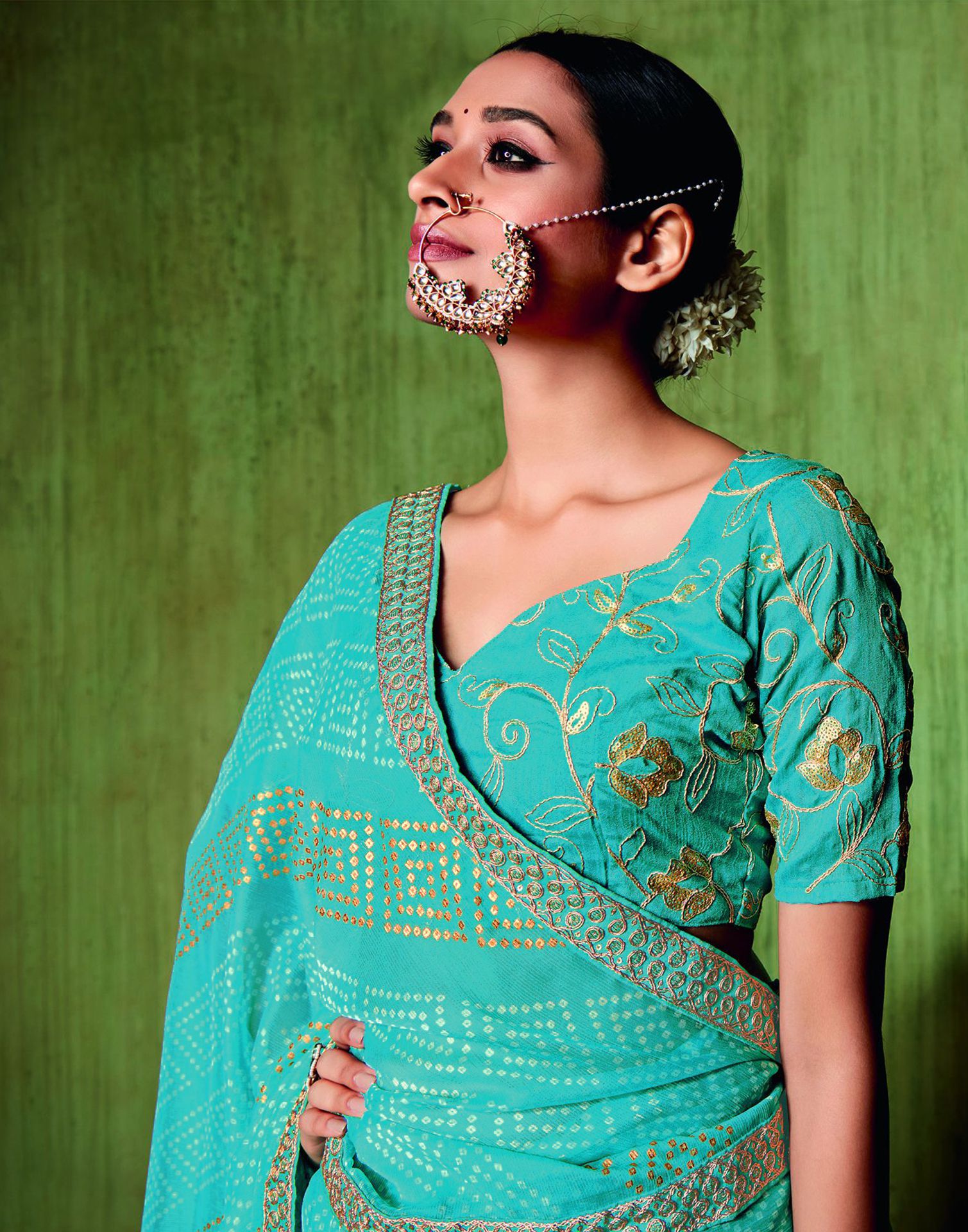 Turquoise Chiffon Foil Printed Bandhani Saree | Leemboodi