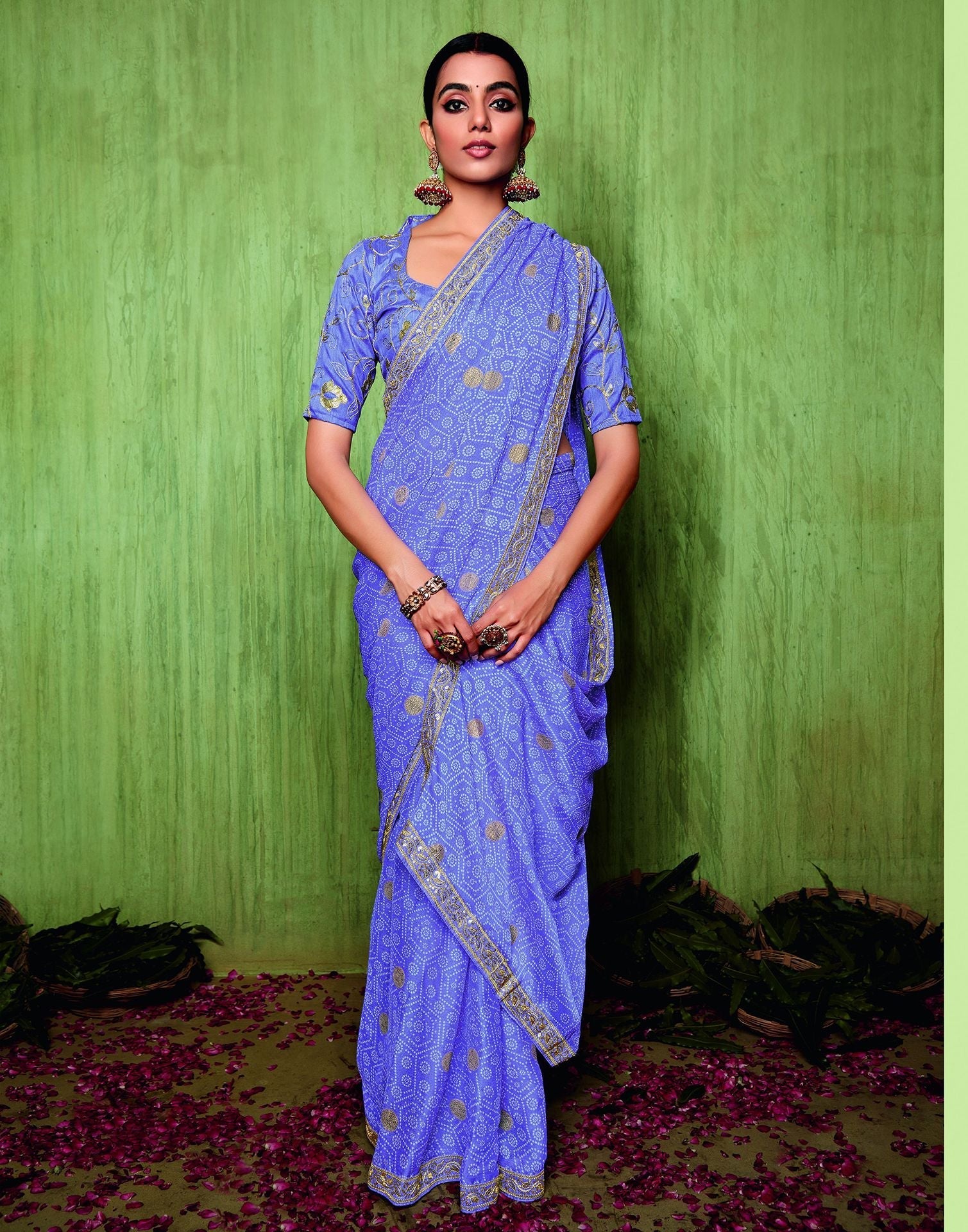 Blue Chiffon Foil Printed Bandhani Saree | Leemboodi
