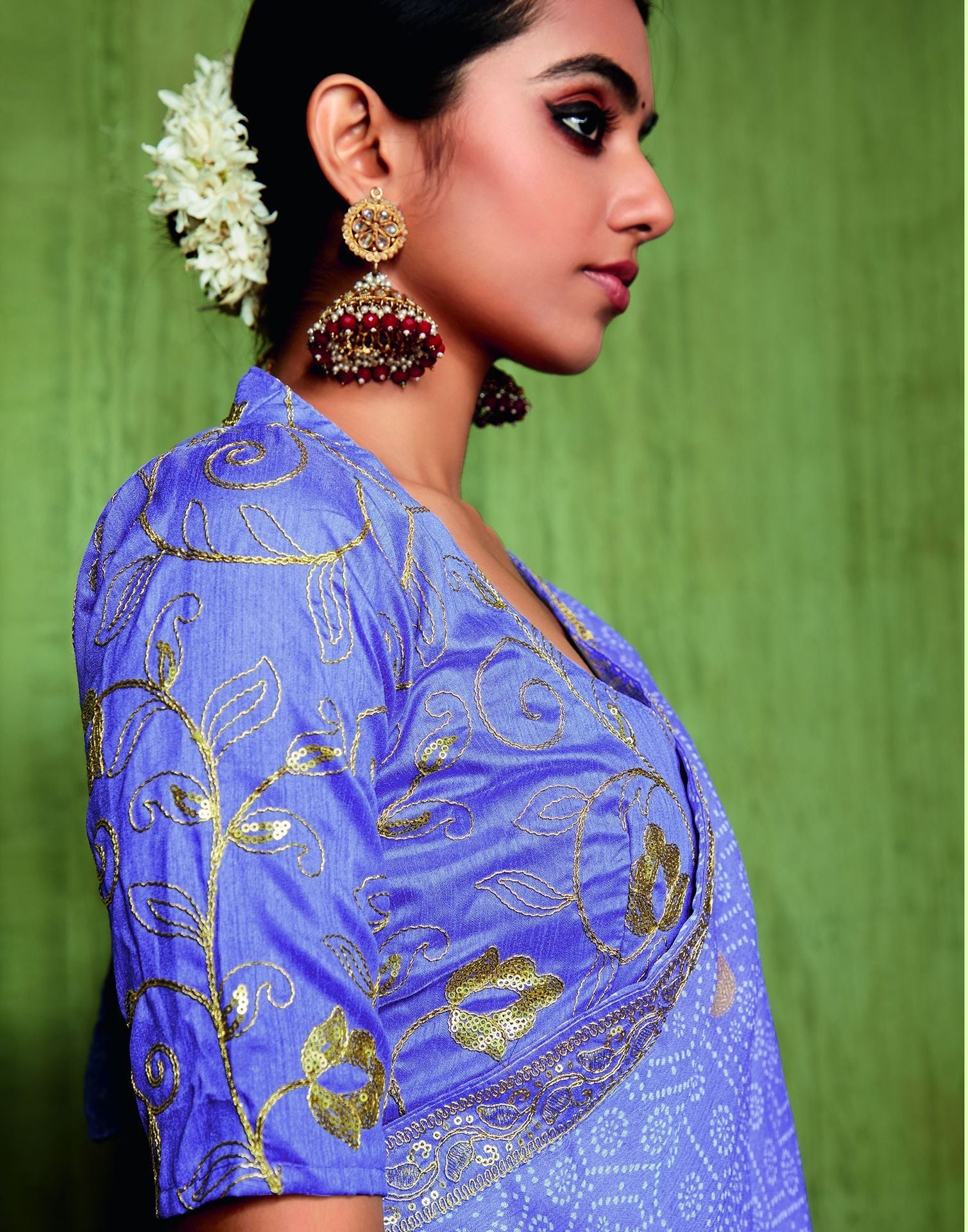 Blue Chiffon Foil Printed Bandhani Saree | Leemboodi