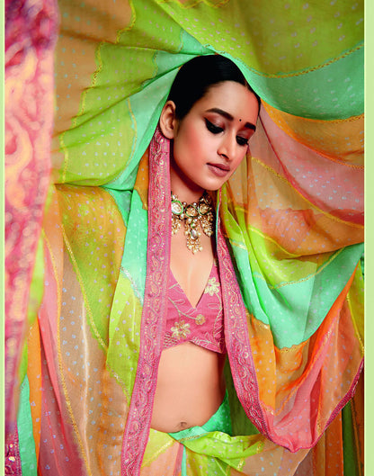Multicoloured Chiffon Foil Printed Bandhani Saree | Leemboodi