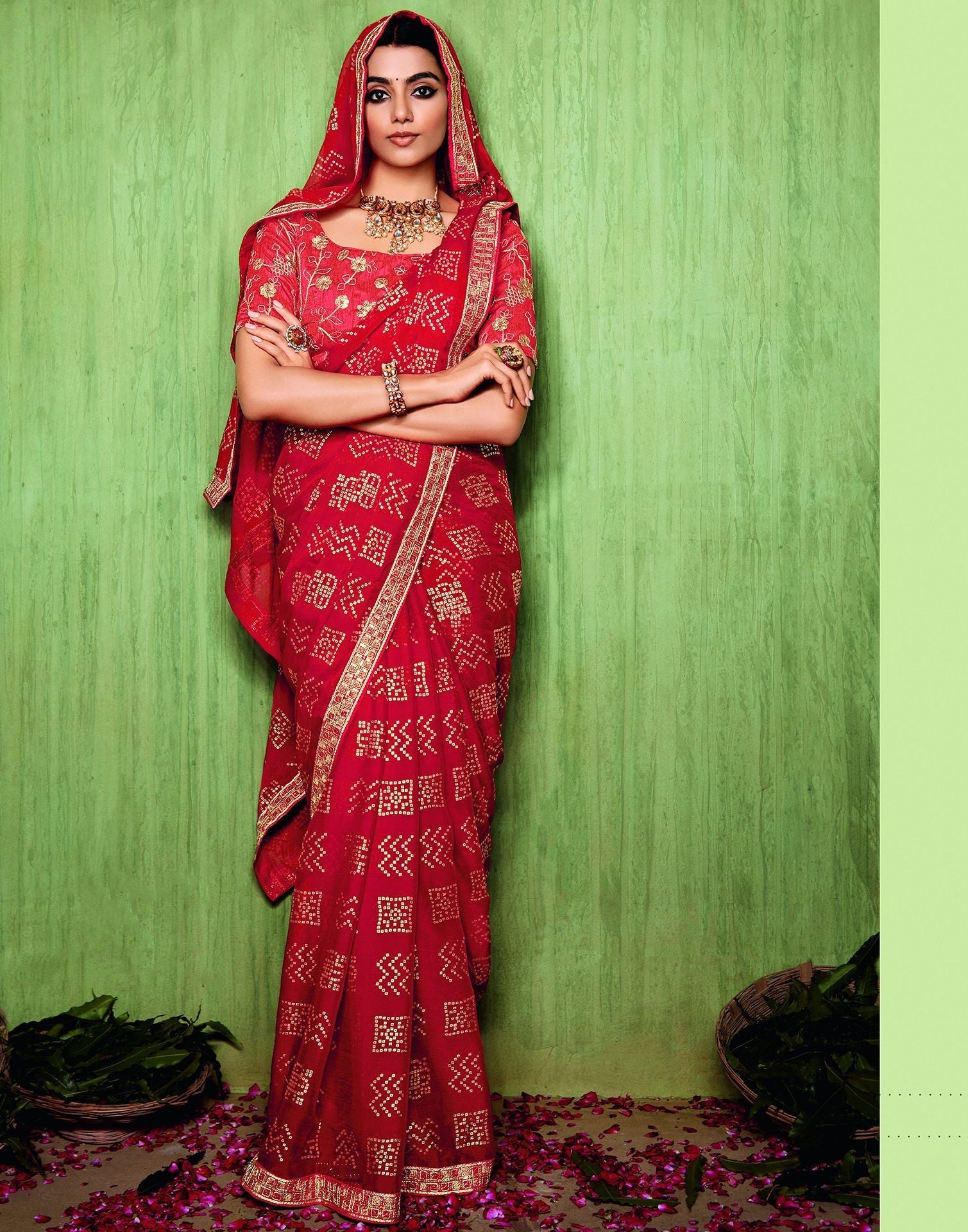 Red Chiffon Foil Printed Bandhani Saree | Leemboodi