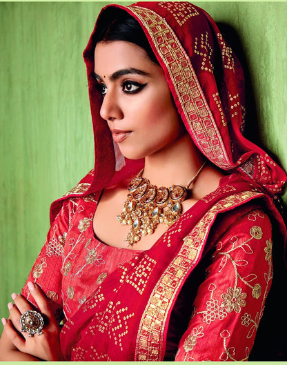 Red Chiffon Foil Printed Bandhani Saree | Leemboodi