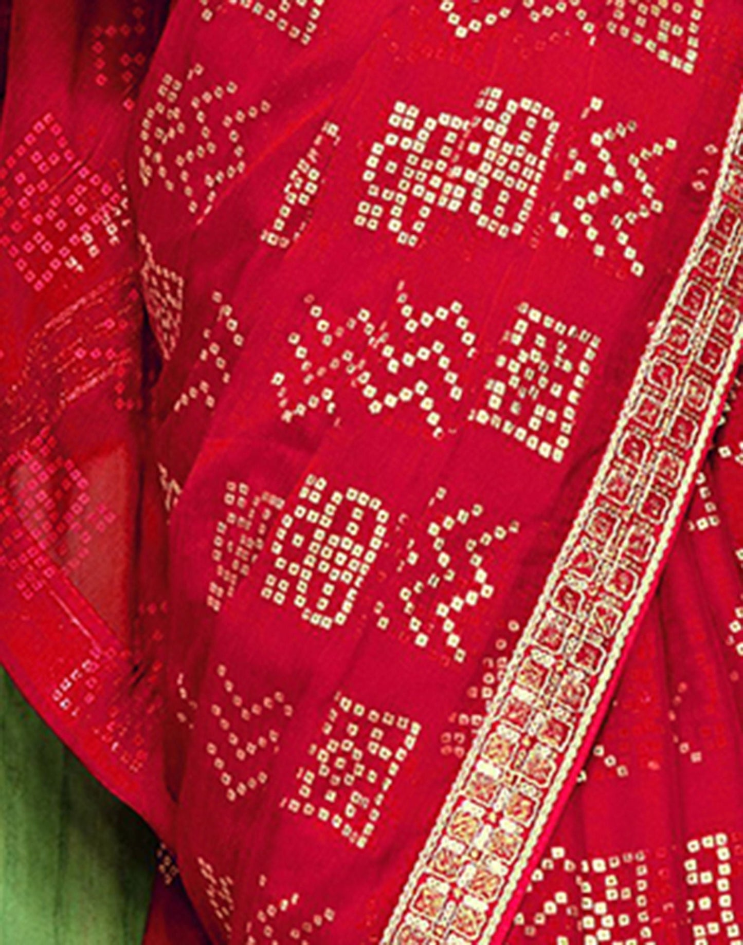 Red Chiffon Foil Printed Bandhani Saree | Leemboodi