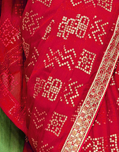 Red Chiffon Foil Printed Bandhani Saree | Leemboodi