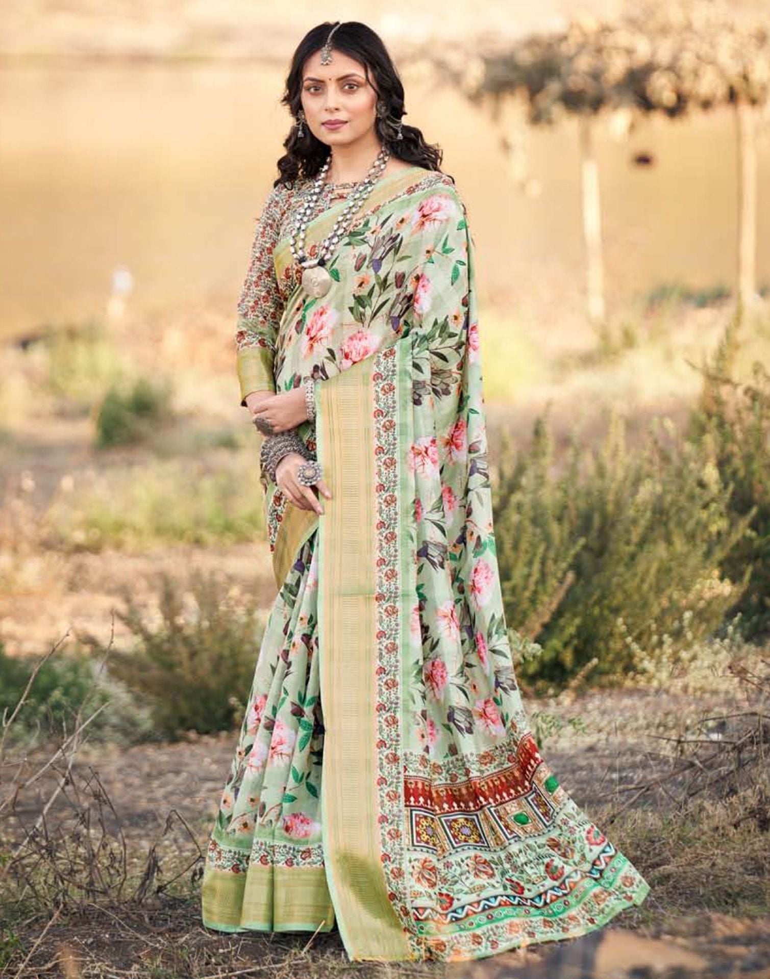 Mint Green Cotton Floral Printed Saree With Tassel | Leemboodi