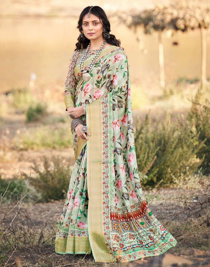 Mint Green Cotton Floral Printed Saree With Tassel | Leemboodi