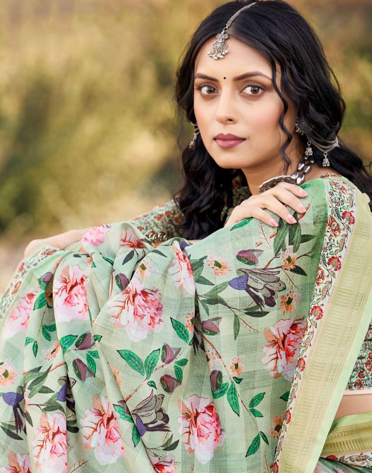 Mint Green Cotton Floral Printed Saree With Tassel | Leemboodi