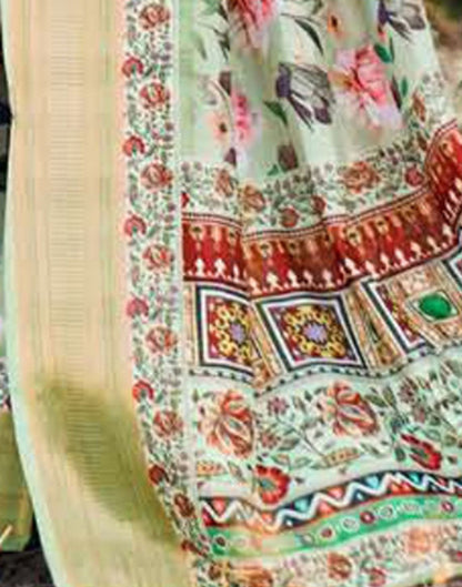 Mint Green Cotton Floral Printed Saree With Tassel | Leemboodi