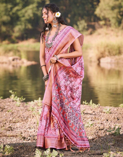 Pink Cotton Floral Printed Saree With Tassel | Leemboodi