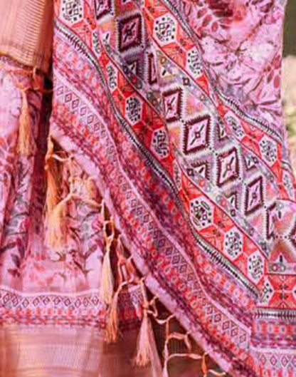 Pink Cotton Floral Printed Saree With Tassel | Leemboodi