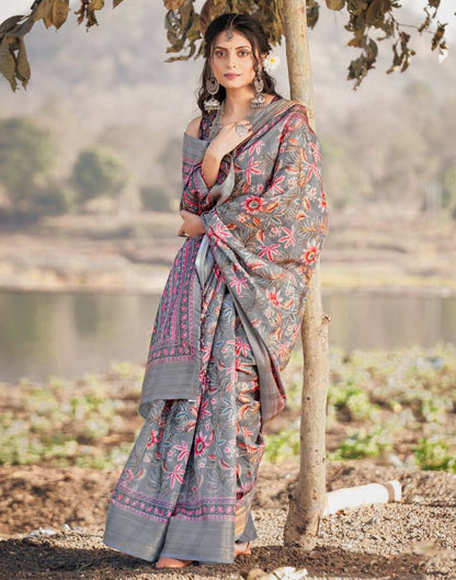 Grey Cotton Floral Printed Saree With Tassel | Leemboodi