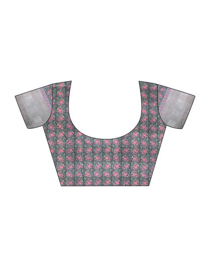 Grey Cotton Floral Printed Saree With Tassel | Leemboodi