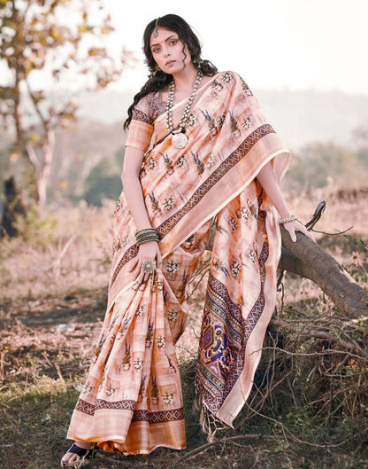 Peach Cotton Floral Printed Saree With Tassel | Leemboodi