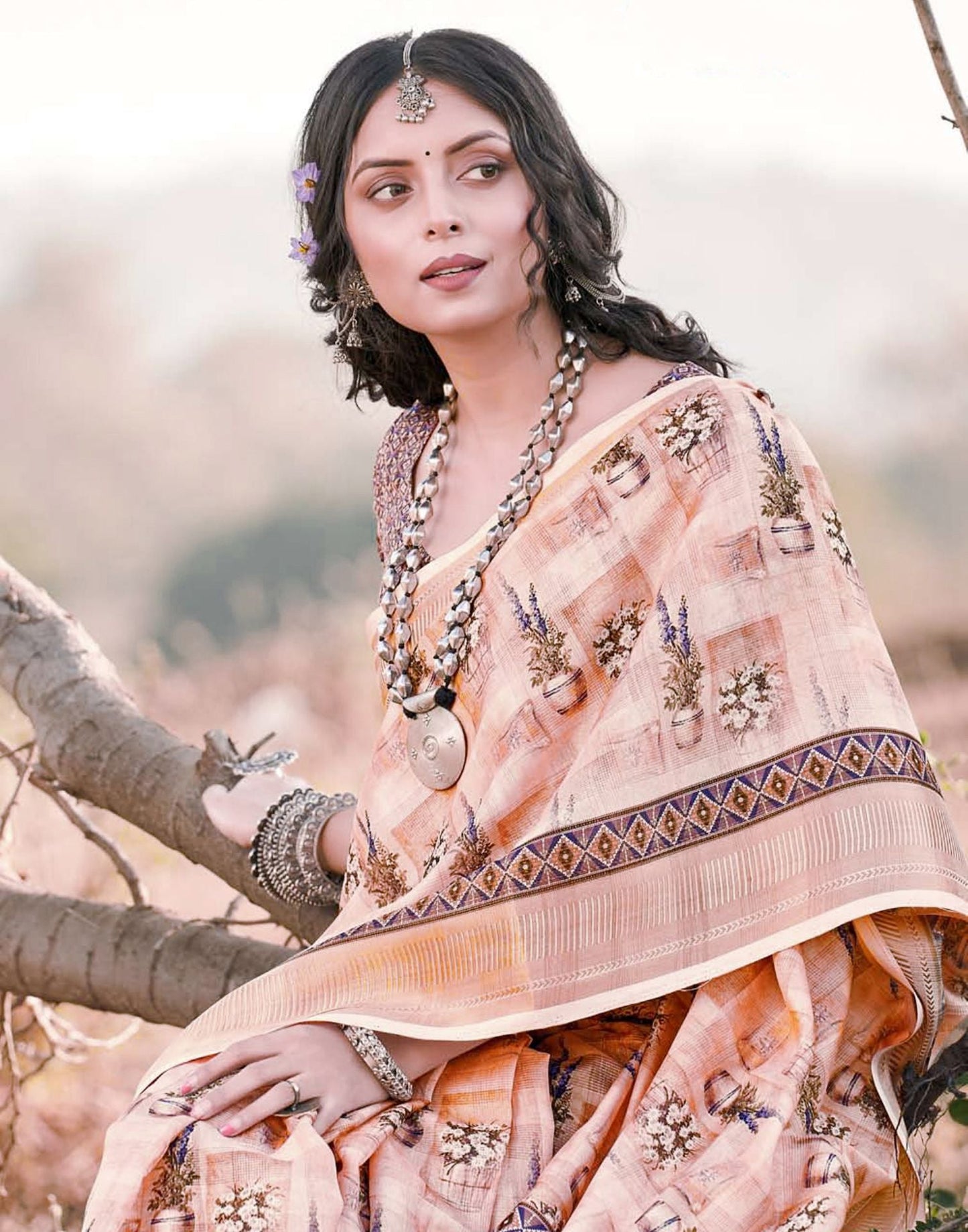 Peach Cotton Floral Printed Saree With Tassel | Leemboodi