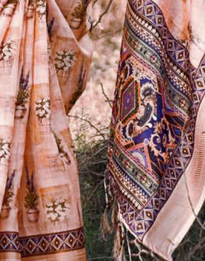 Peach Cotton Floral Printed Saree With Tassel | Leemboodi