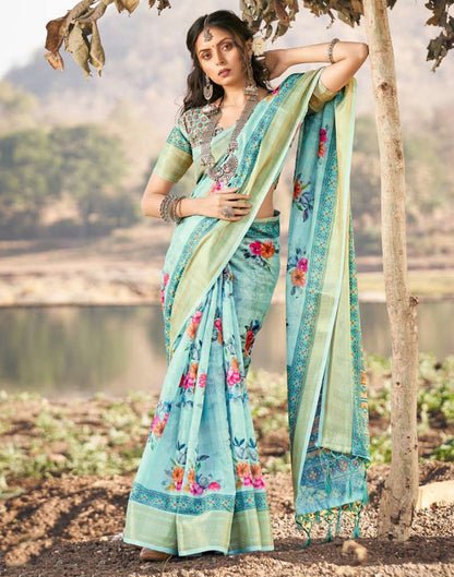 Light Blue Cotton Floral Printed Saree With Tassel | Leemboodi