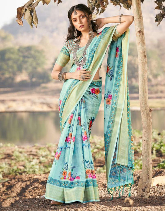 Light Blue Cotton Floral Printed Saree With Tassel | Leemboodi