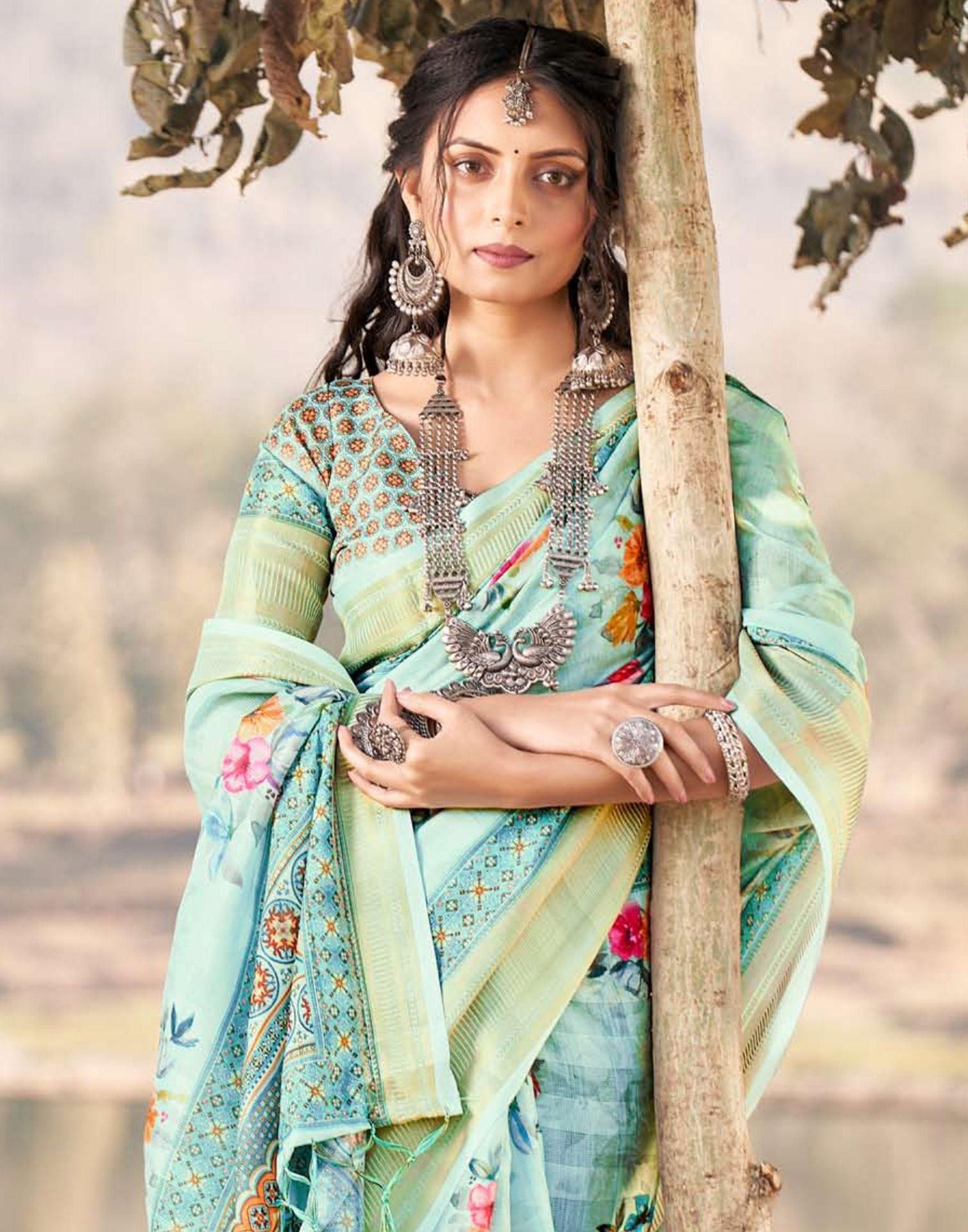 Light Blue Cotton Floral Printed Saree With Tassel | Leemboodi