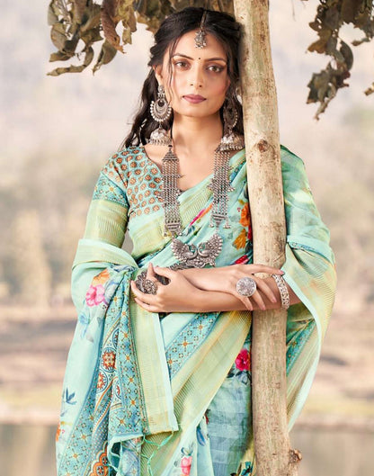 Light Blue Cotton Floral Printed Saree With Tassel | Leemboodi