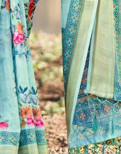 Light Blue Cotton Floral Printed Saree With Tassel | Leemboodi