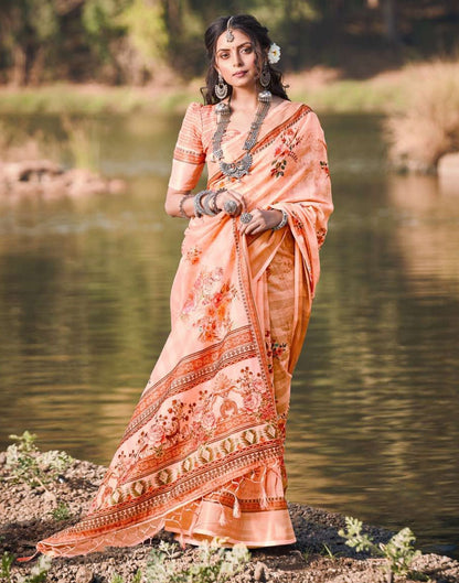Peach Cotton Floral Printed Saree With Tassel | Leemboodi