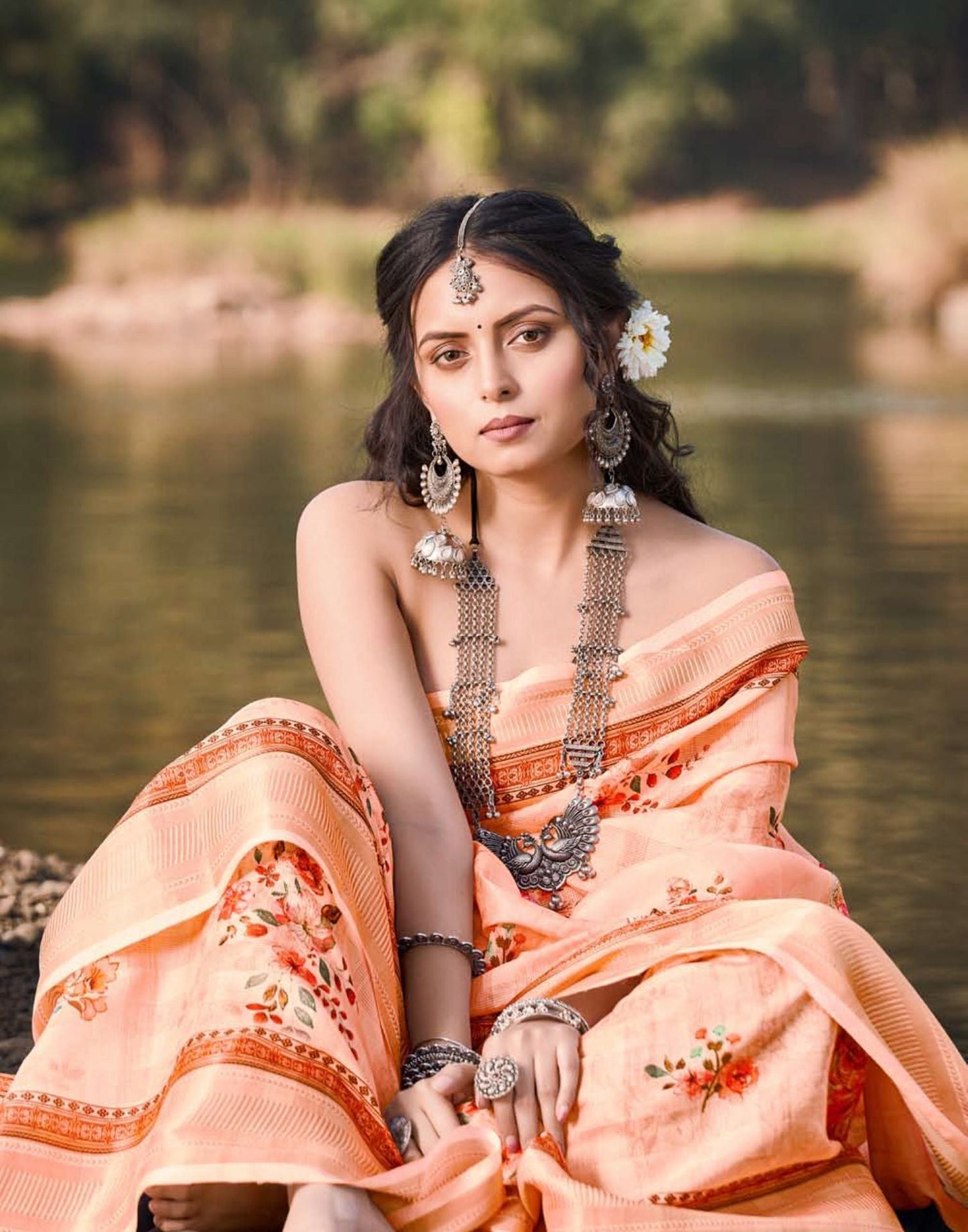 Peach Cotton Floral Printed Saree With Tassel | Leemboodi