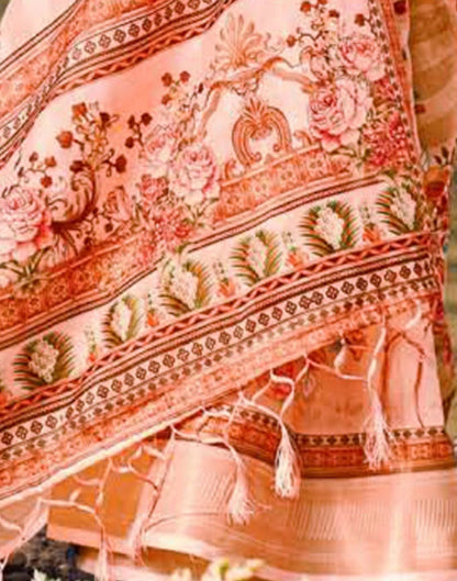 Peach Cotton Floral Printed Saree With Tassel | Leemboodi