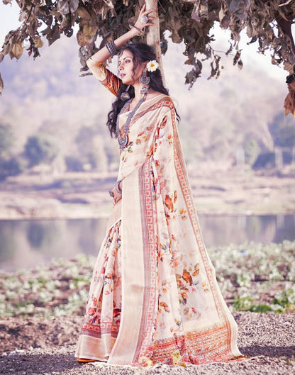 Cream Cotton Floral Printed Saree With Tassel | Leemboodi