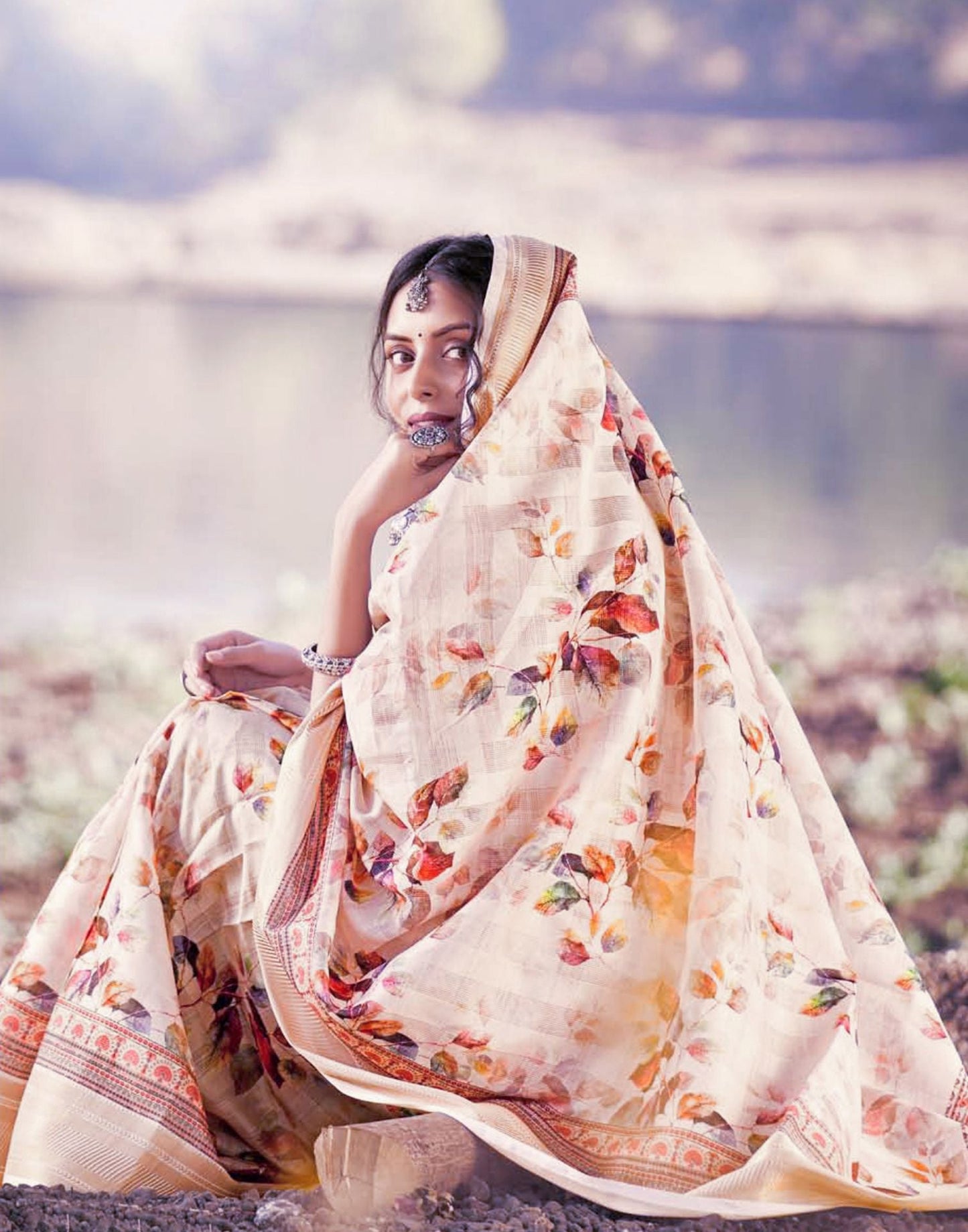 Cream Cotton Floral Printed Saree With Tassel | Leemboodi