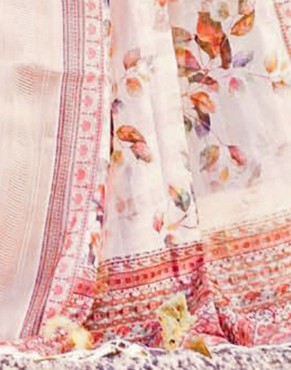 Cream Cotton Floral Printed Saree With Tassel | Leemboodi