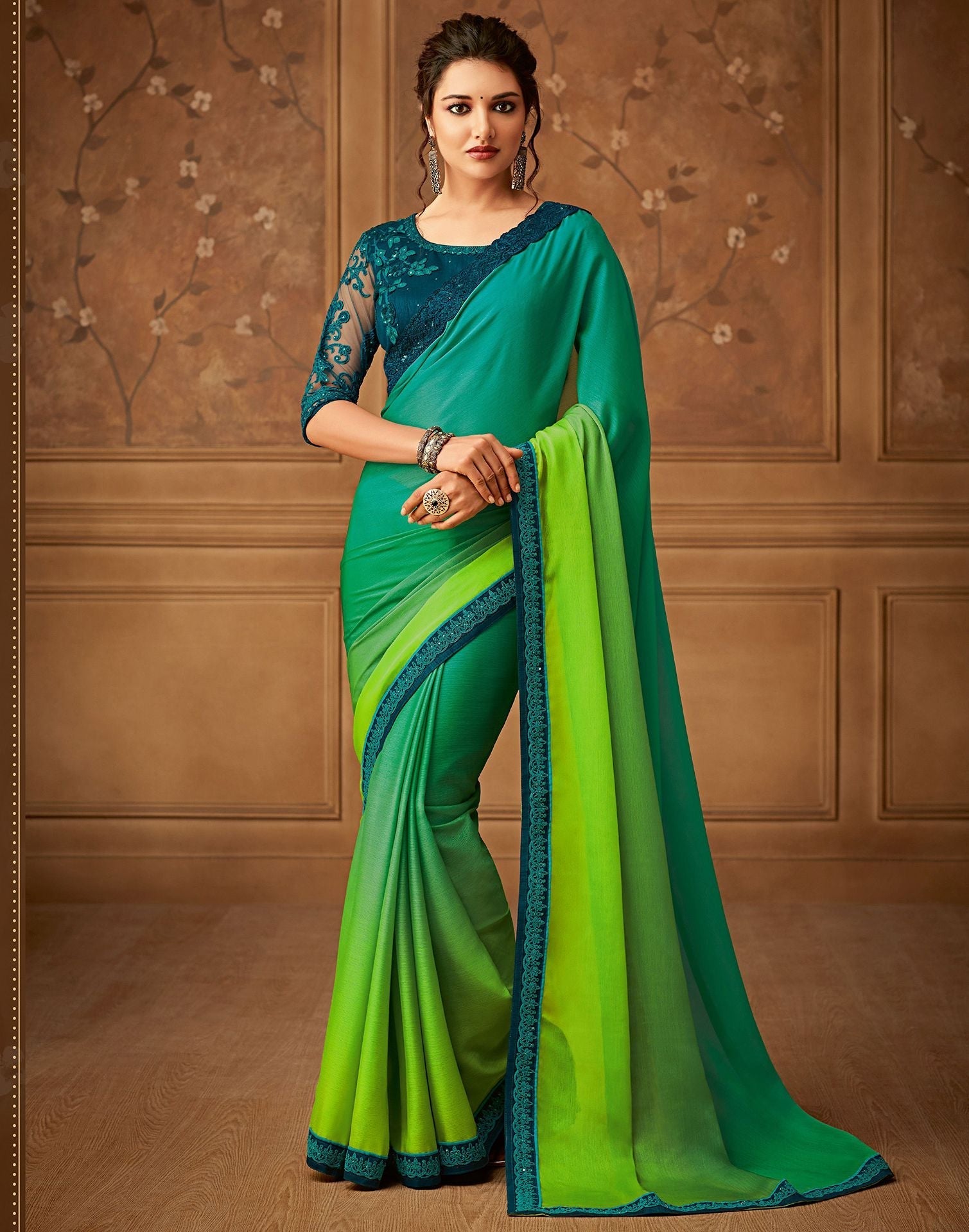Parrot Green Chiffon Plain Saree | Leemboodi