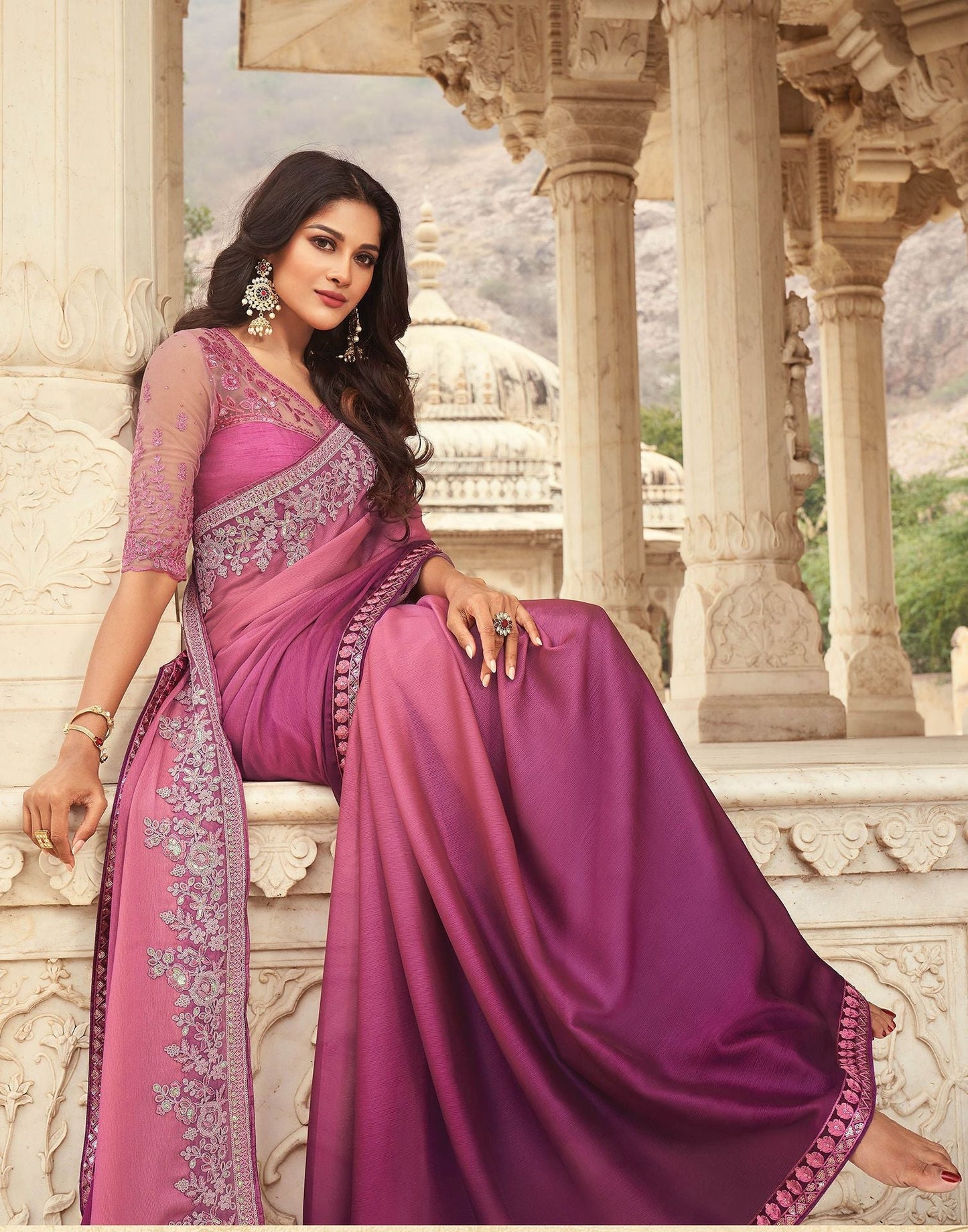 Wine Chiffon Plain Saree | Leemboodi