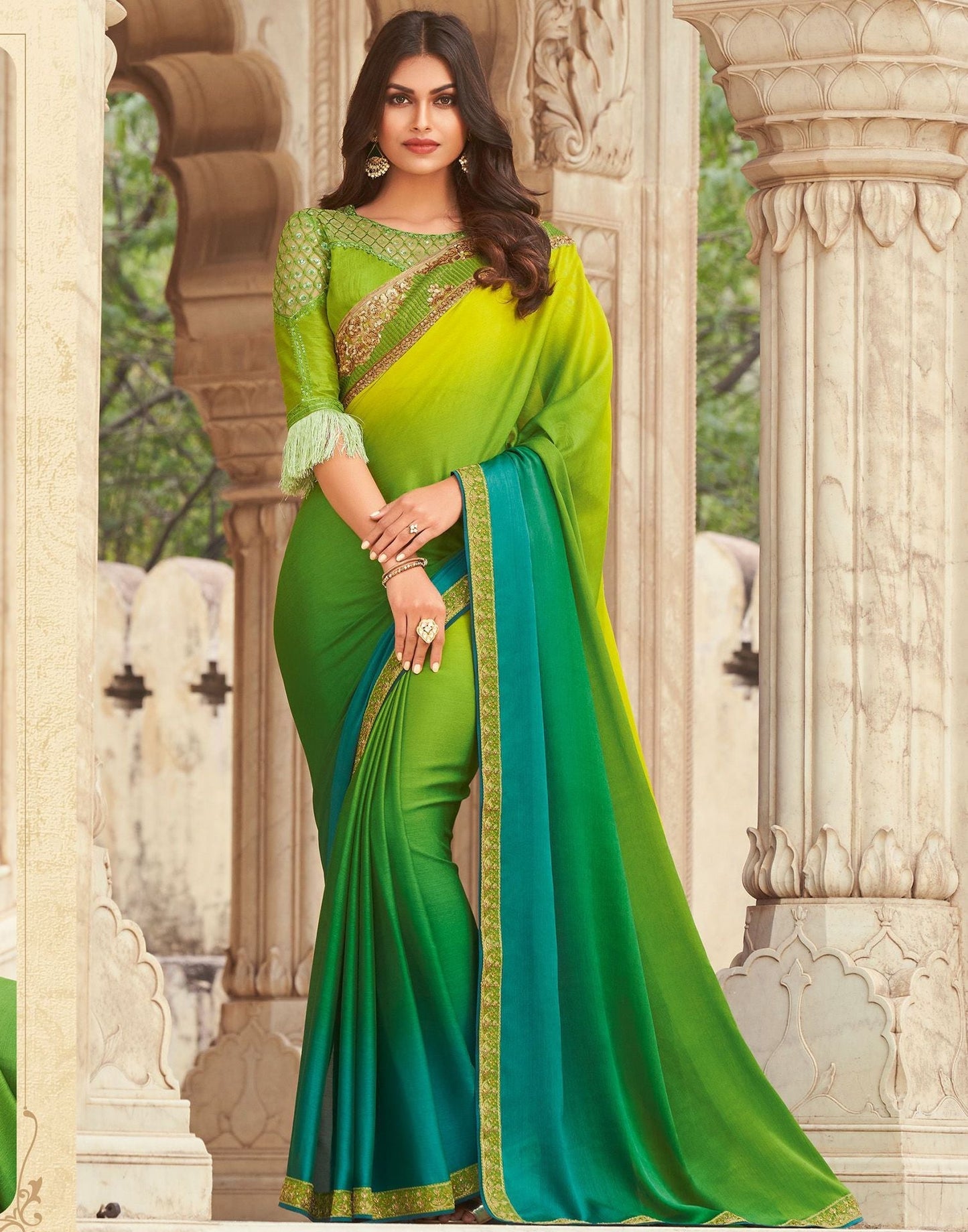Green Chiffon Plain Saree | Leemboodi