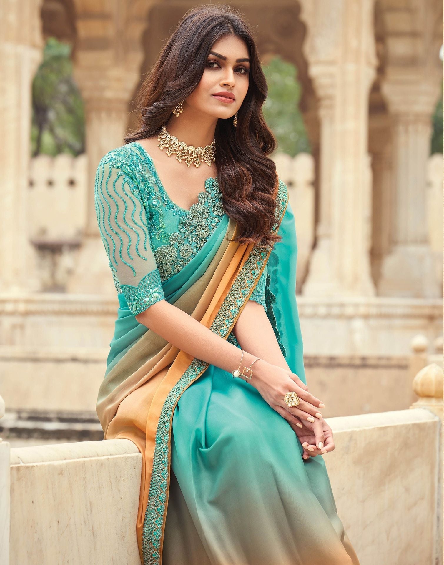 Aqua Green Chiffon Plain Saree | Leemboodi