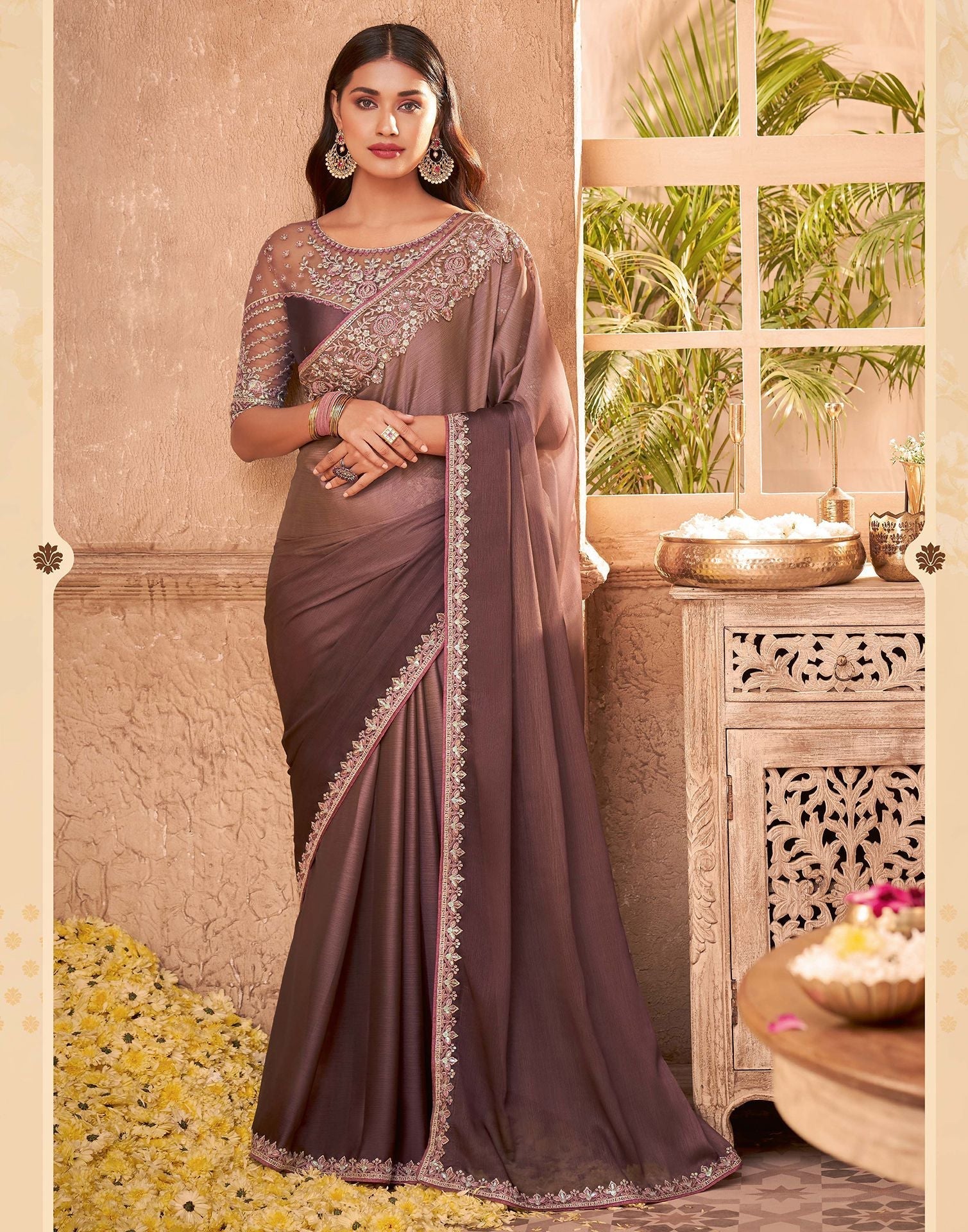 Brown Chiffon Plain Embroidery Saree | Leemboodi