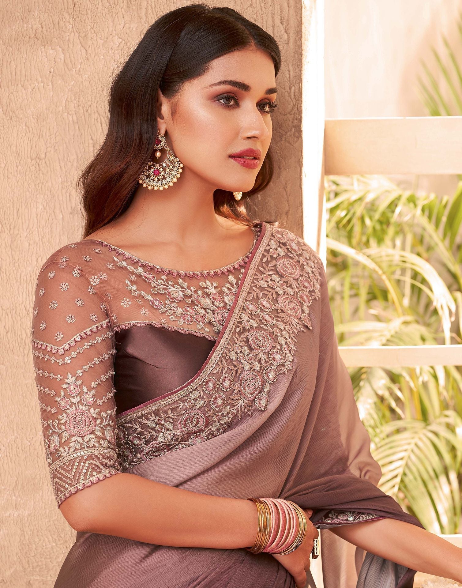 Brown Chiffon Plain Embroidery Saree | Leemboodi