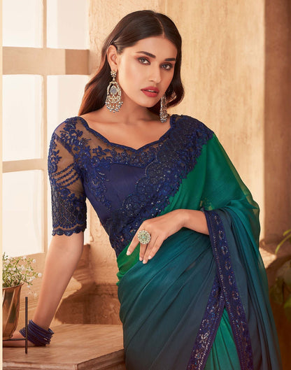 Green Chiffon Plain Embroidery Saree | Leemboodi