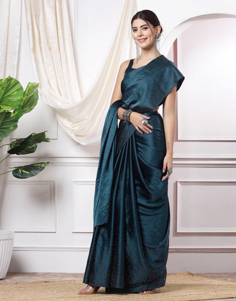 Teal Blue Plain Silk Saree