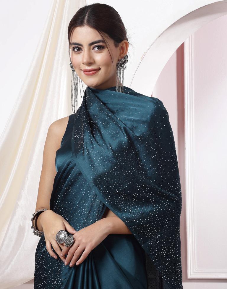 Teal Blue Plain Silk Saree