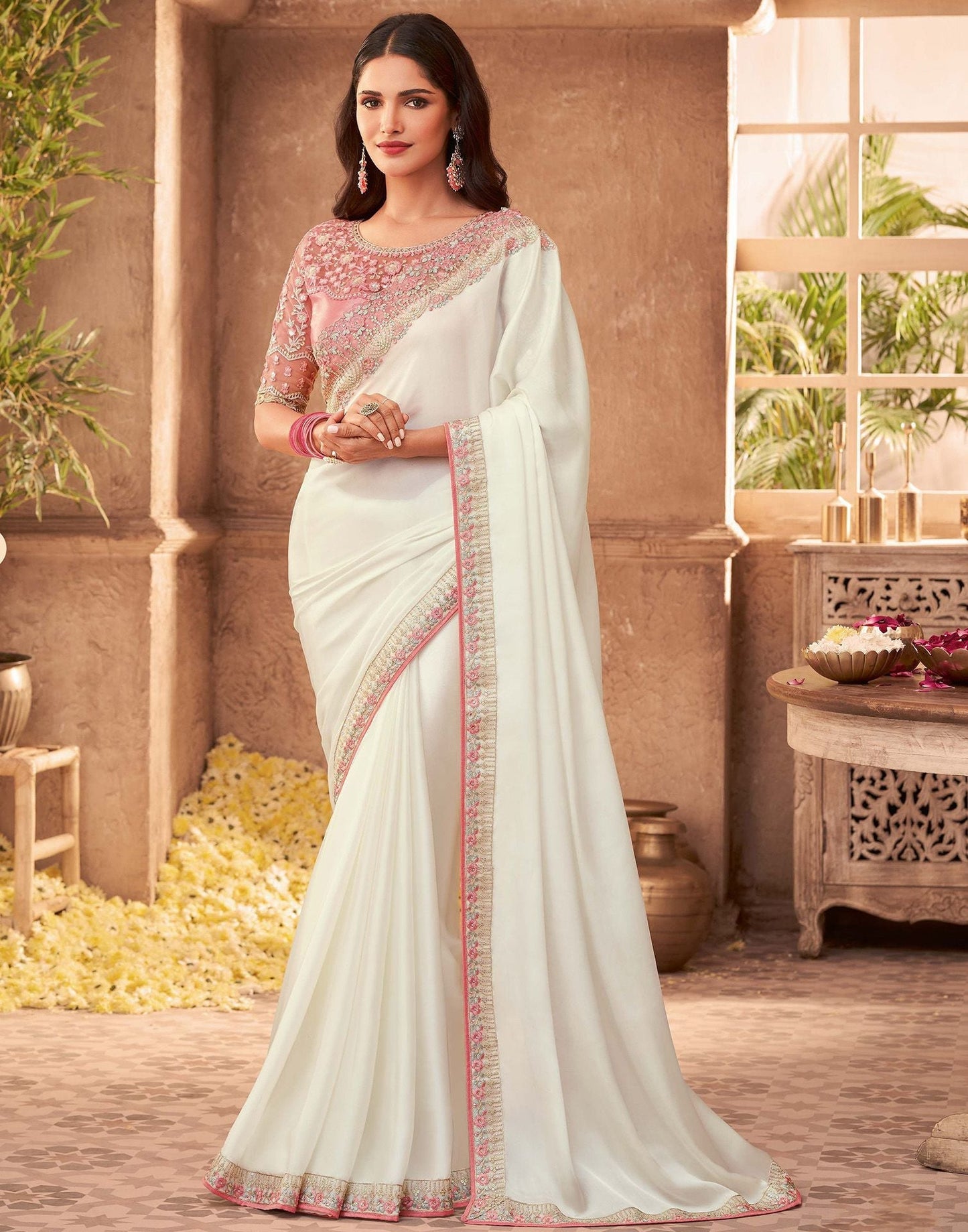 Cream Silk Plain Embroidery Saree | Leemboodi