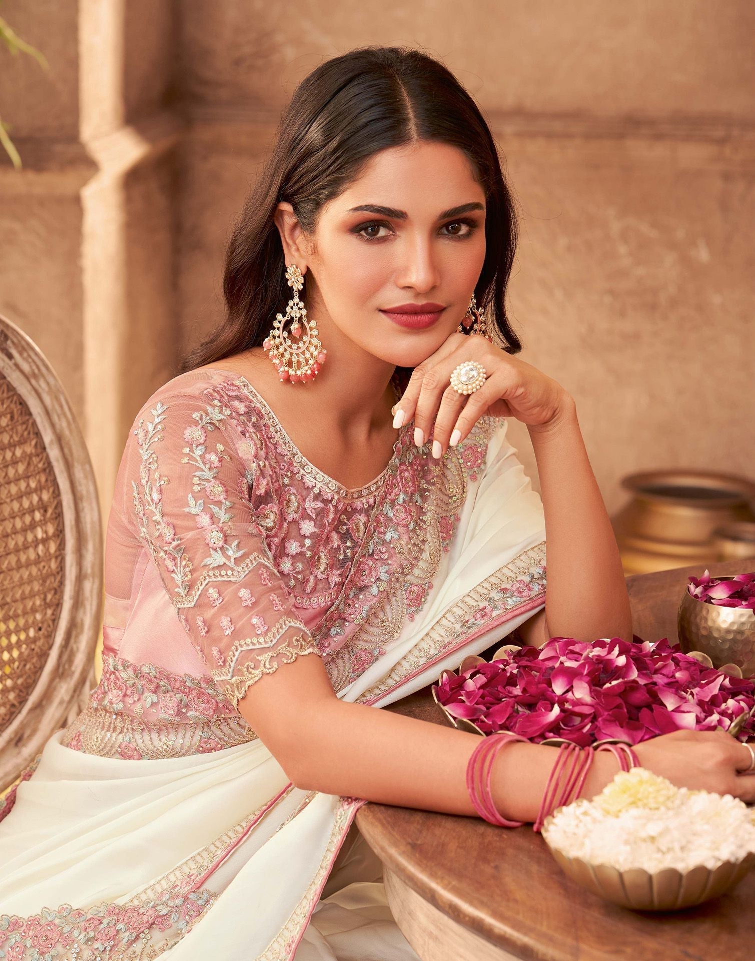 Cream Silk Plain Embroidery Saree | Leemboodi