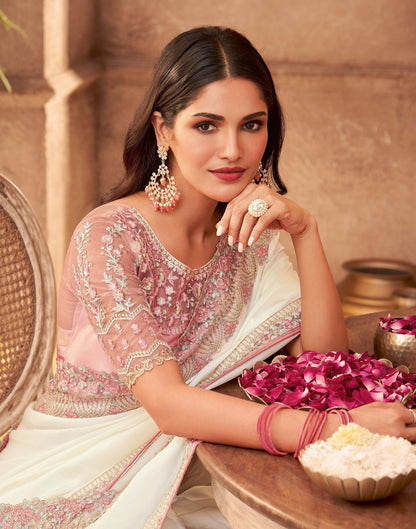 Cream Silk Plain Embroidery Saree | Leemboodi