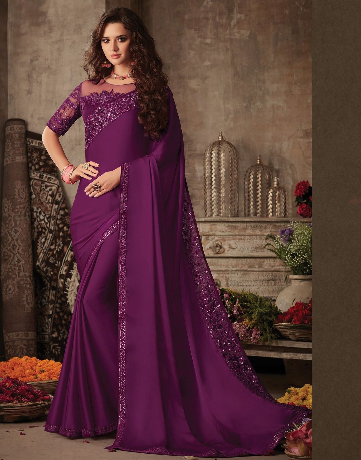 Wine Silk Plain Embroidery Saree | Leemboodi