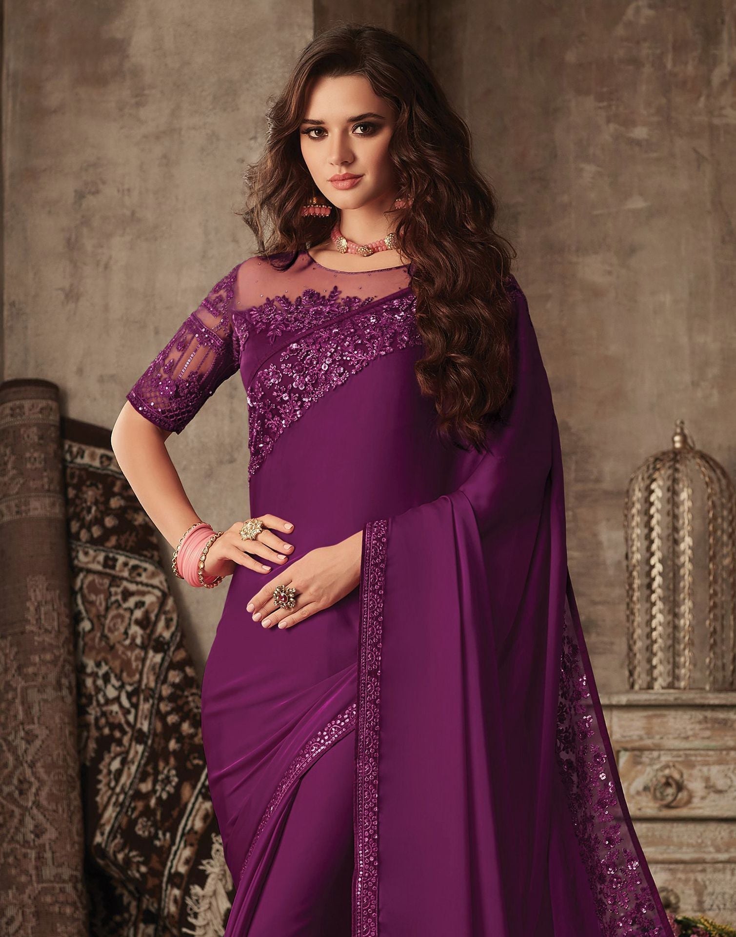 Wine Silk Plain Embroidery Saree | Leemboodi